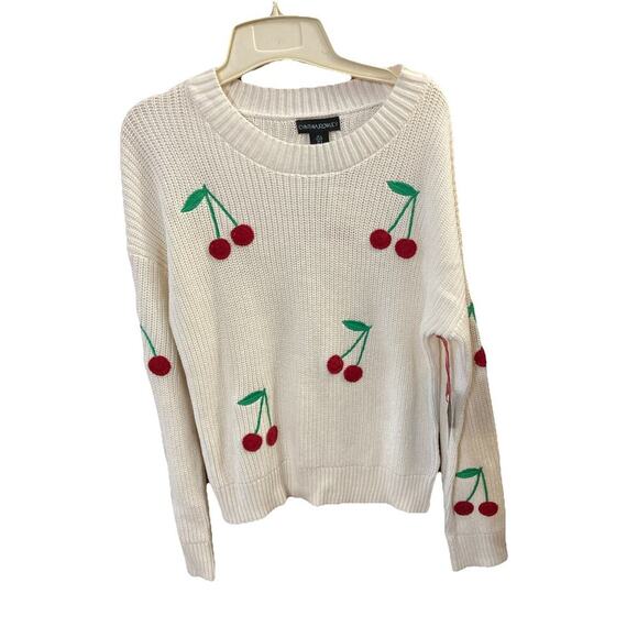 CYNTHIA ROWLEY Cherry Embroidered Sweater Sz S New Ivory Red Crochet Fruit Cute - Picture 1 of 7